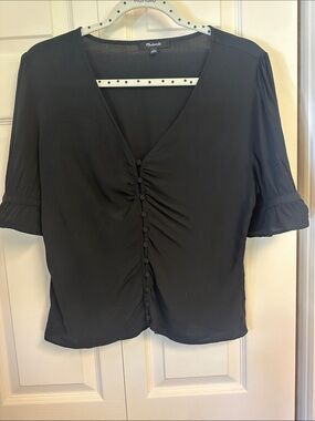 Madewell Black Ruched Button-Front V-Neck Blouse